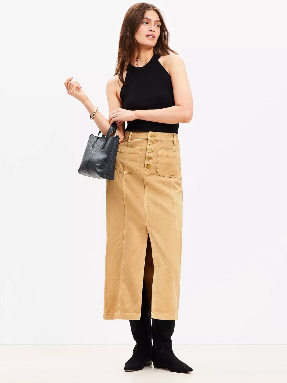 LOFT Tan Button-Front Midi Skirt